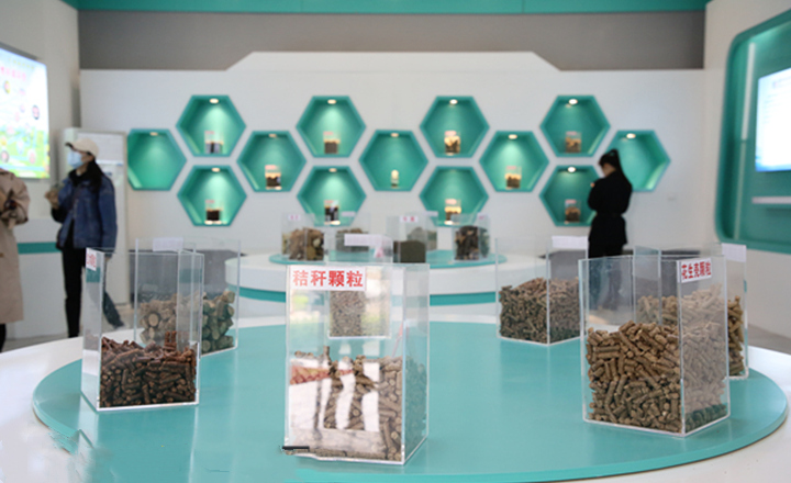 陽信縣利民公司展廳內展示的茄子影视视频在线观看生物質顆粒燃料